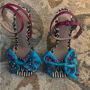 Betsey Johnson Black and White Striped Heels with Blue Bow